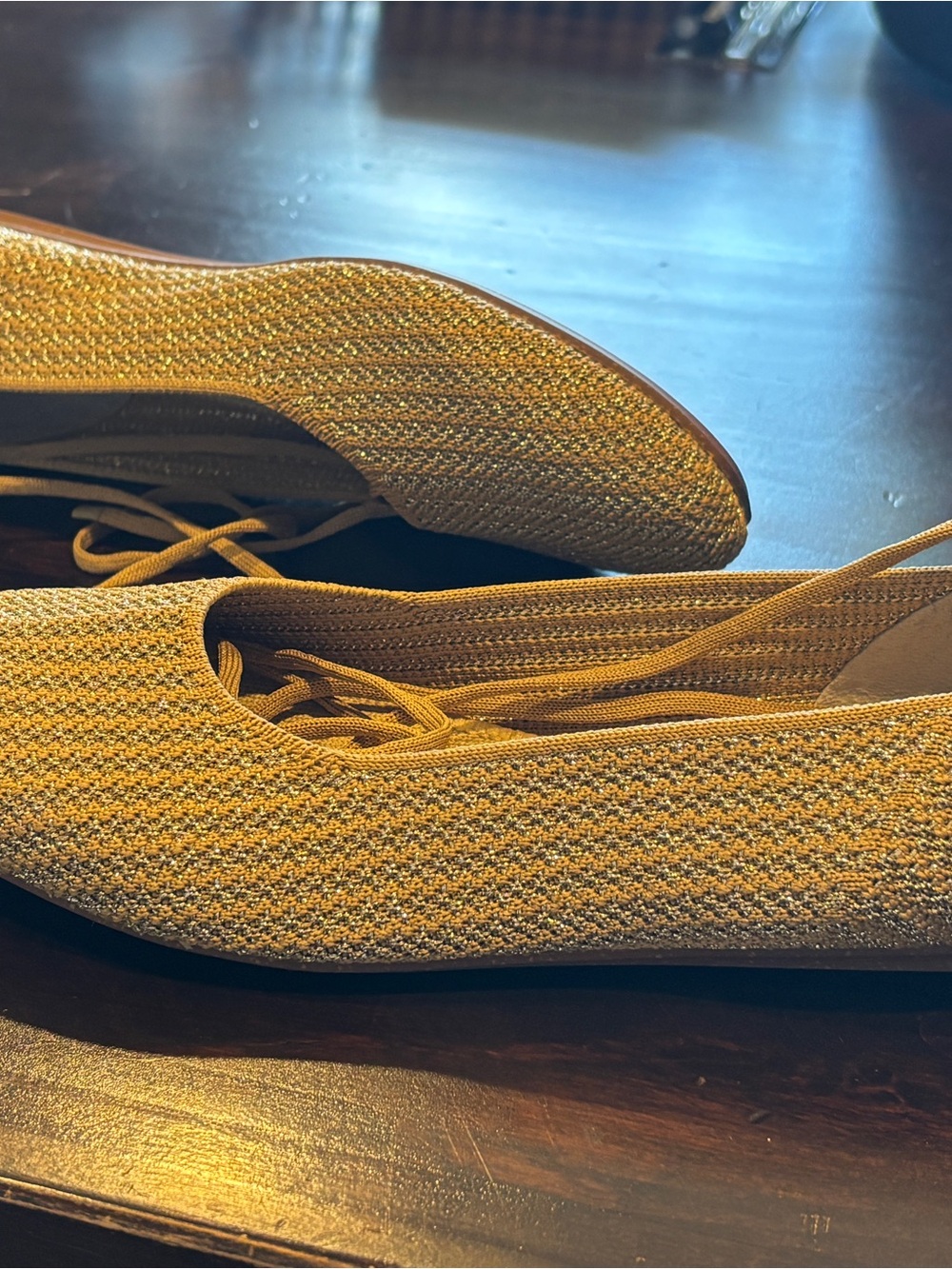 Rothy's Knit Lace-Up Ballet Flats — Metallic Gold - Picture 3 of 4